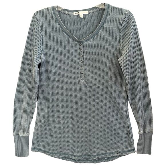 Seven 7 Y2K Henley Size S Waffle Knit Thermal Snap Buttons Bella Swan Gray Blue - Picture 9 of 9